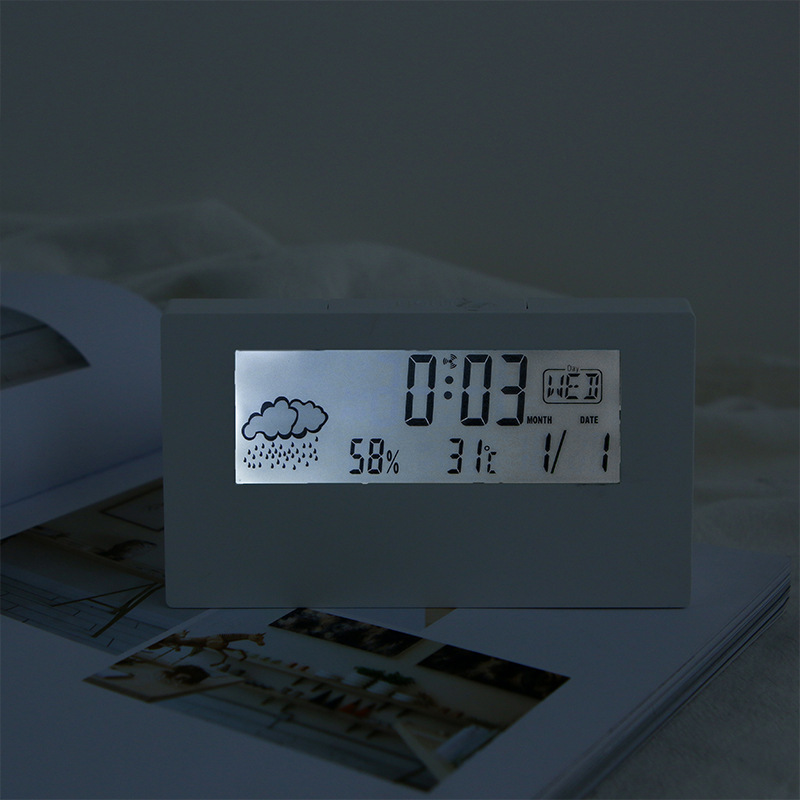 Small Electronic LCD Alarm Clock with Temperature Humidity Time Display Glowing Weather Display Transparent Case