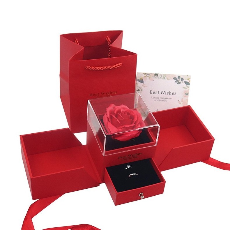 Valentine'S Day New Red Gift Box Double Door Ring Necklace Box Preserved Soap Rose Flower Jewelry Gift Box