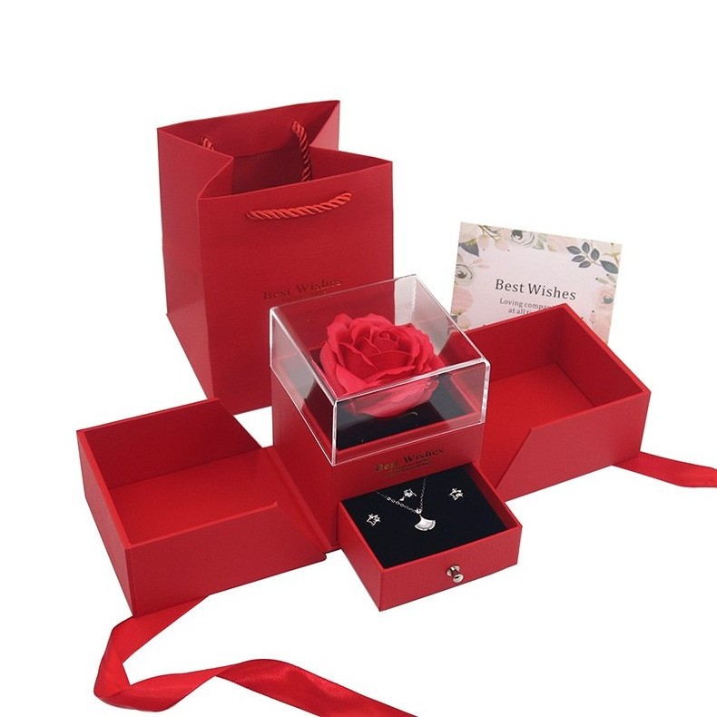 Valentine'S Day New Red Gift Box Double Door Ring Necklace Box Preserved Soap Rose Flower Jewelry Gift Box