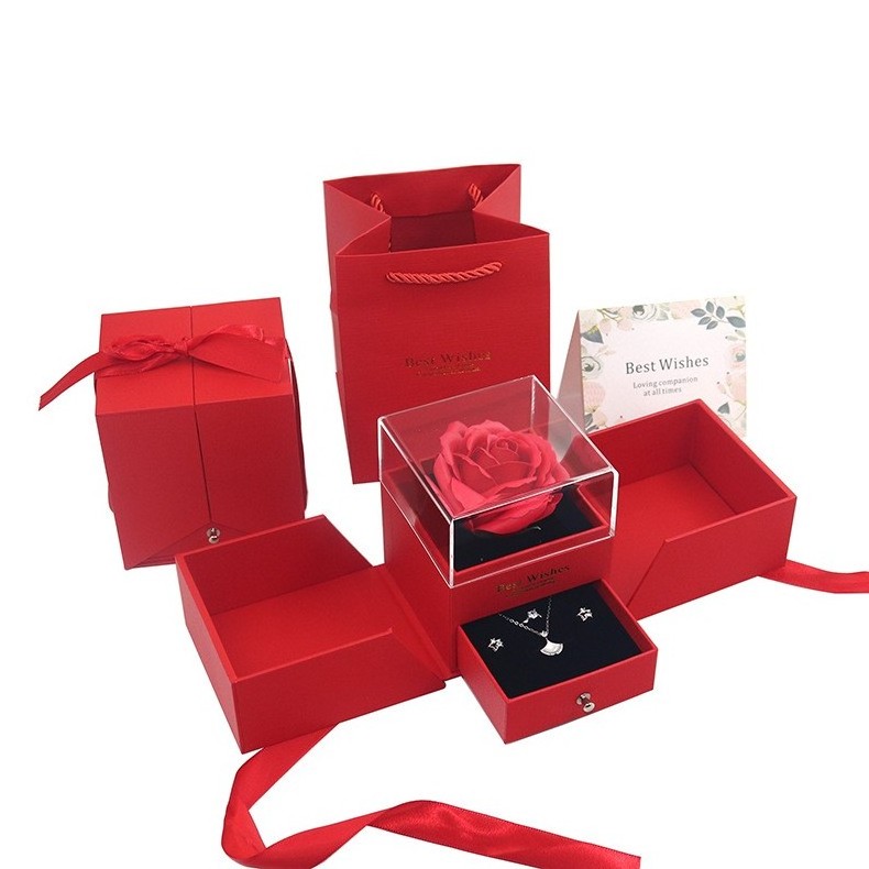 Valentine'S Day New Red Gift Box Double Door Ring Necklace Box Preserved Soap Rose Flower Jewelry Gift Box