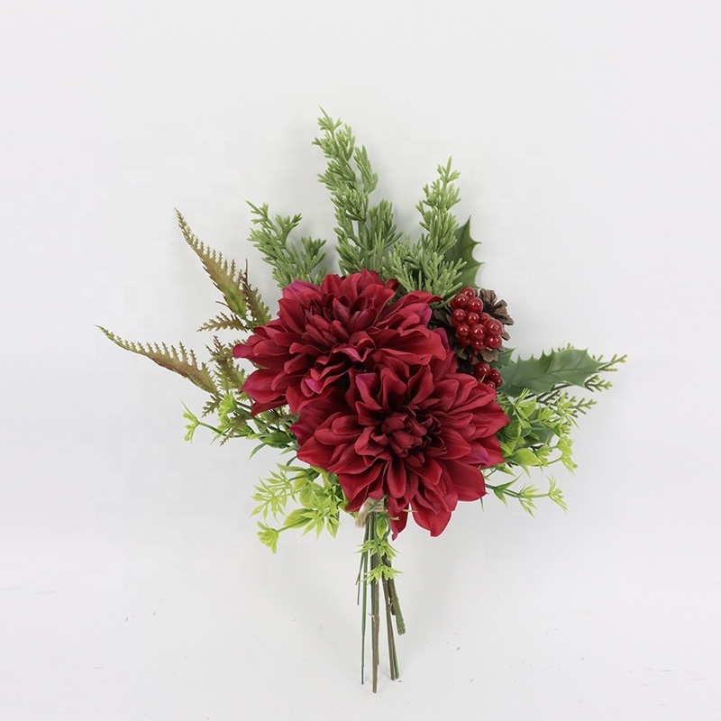 Red Christmas Simulation  Decoration Flowers 30cm Dahlia Fern Holly Bundle Artificial Flowers