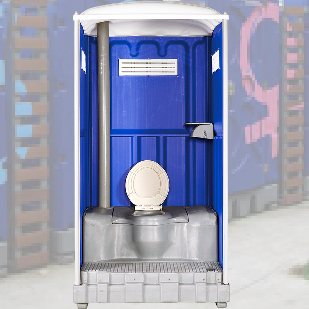 Blue toilet well wall, foot pump operated flush portable toilet with toilet lid