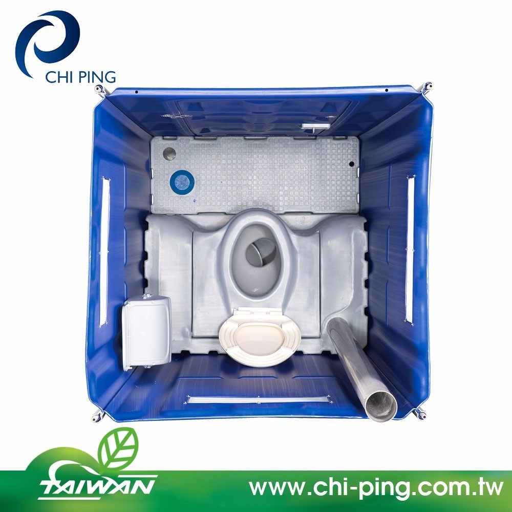 Blue toilet well wall, foot pump operated flush portable toilet with toilet lid