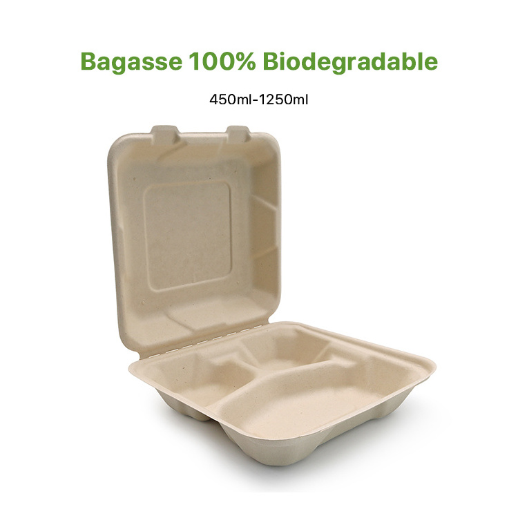 Custom Biodegradable 100% Compostable Sugarcane Bagasse Pulp Eco Friendly Clamshell Lunch Box Take Out Food Container Packaging