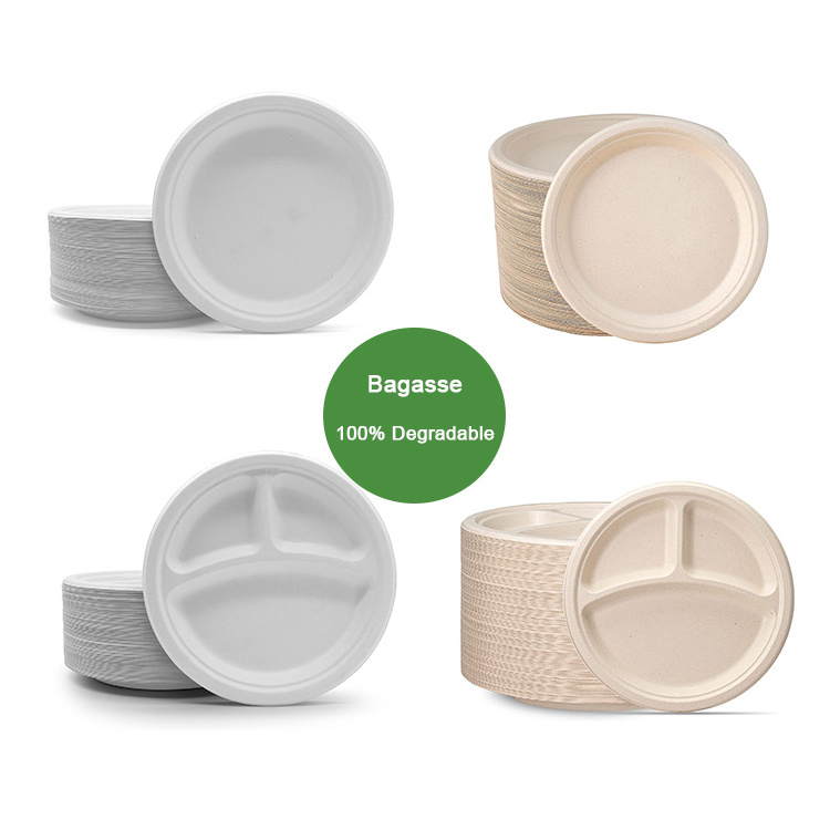 6 7 8 9 10 Inch Sugarcane Bagasse Pulp Compostable Biodegradable Disposable Sugar Cane Natural White Round Paper Plates