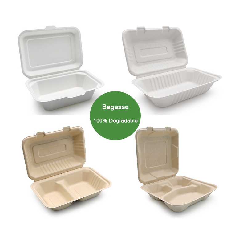 Custom Biodegradable 100% Compostable Sugarcane Bagasse Pulp Eco Friendly Clamshell Lunch Box Take Out Food Container Packaging