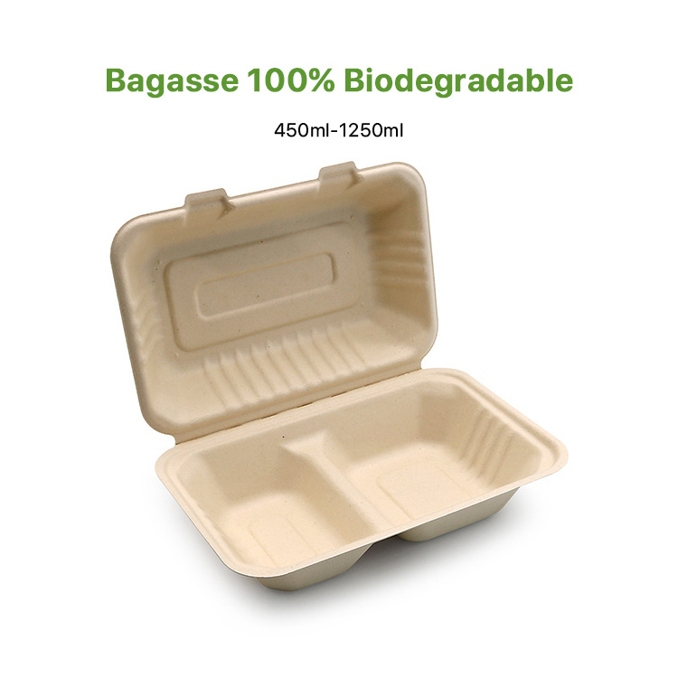 Custom Biodegradable 100% Compostable Sugarcane Bagasse Pulp Eco Friendly Clamshell Lunch Box Take Out Food Container Packaging