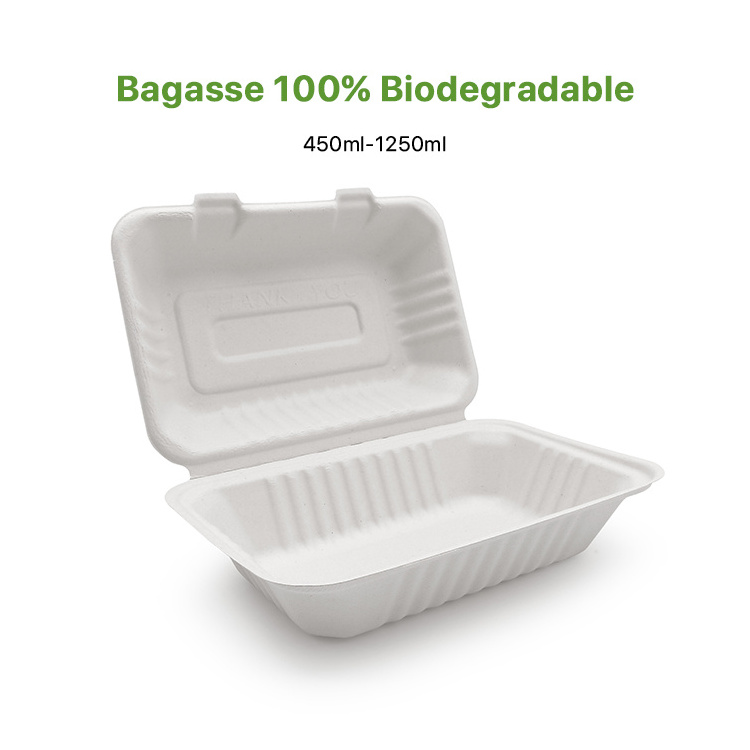 Custom Biodegradable 100% Compostable Sugarcane Bagasse Pulp Eco Friendly Clamshell Lunch Box Take Out Food Container Packaging