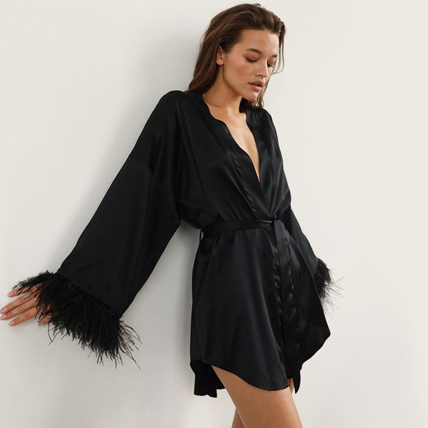 Wholesale Women Long Sleeve Robe Feather Satin Silk Sexy Nightgown Loungewear