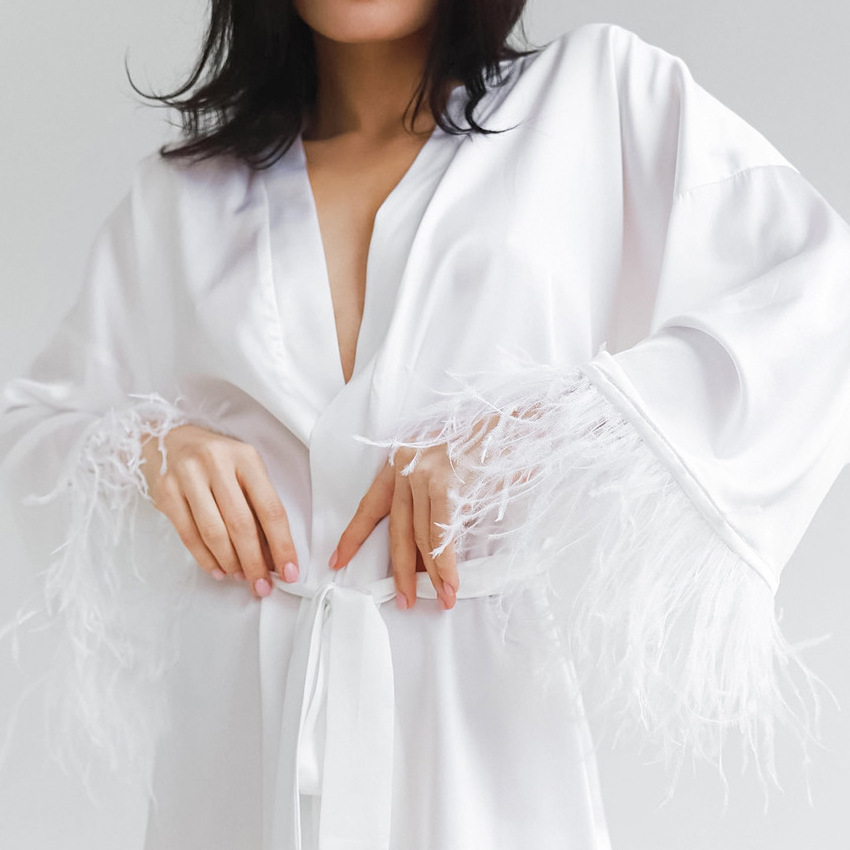 Wholesale Women Long Sleeve Robe Feather Satin Silk Sexy Nightgown Loungewear