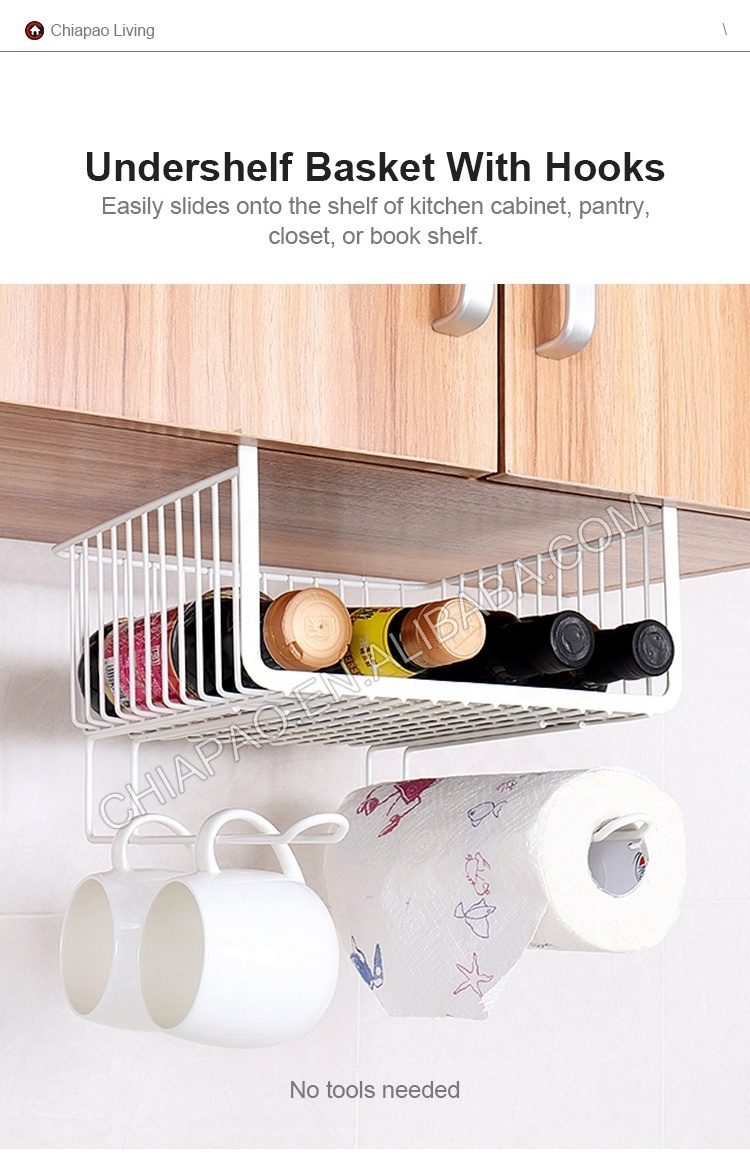 High Quality Under Shelf Cabinet Hanging Basket Under Cabinet Organizer Shelf with hooks for Kitchen Cupboard Under Shelf Basket