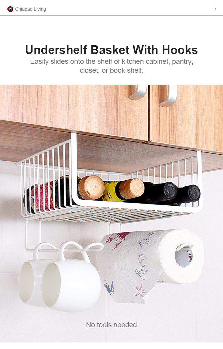 High Quality Under Shelf Cabinet Hanging Basket Under Cabinet Organizer Shelf with hooks for Kitchen Cupboard Under Shelf Basket