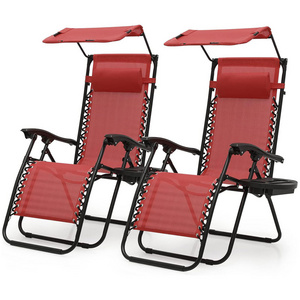 Headrest and Side Tray Folding Outdoor Recliner Patio Beach Lounge Chairs Zero Gravity Chairs  with Canopy Shade