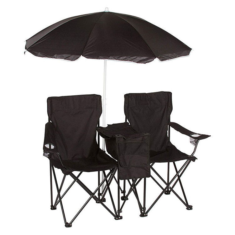 high quality metal european portable arm chairs outdoor beach double folding camp chair with umbrella canopy