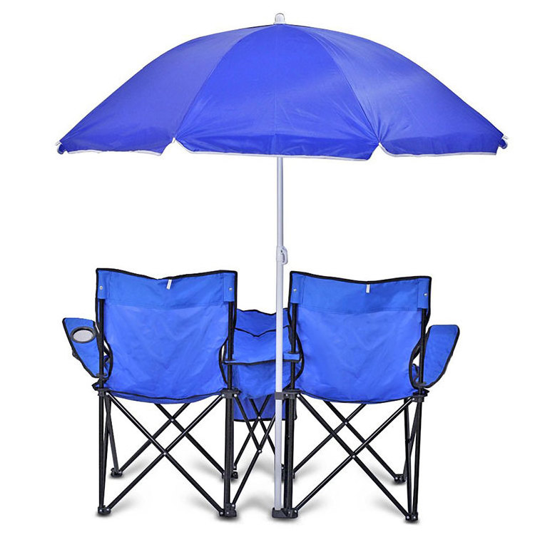 high quality metal european portable arm chairs outdoor beach double folding camp chair with umbrella canopy