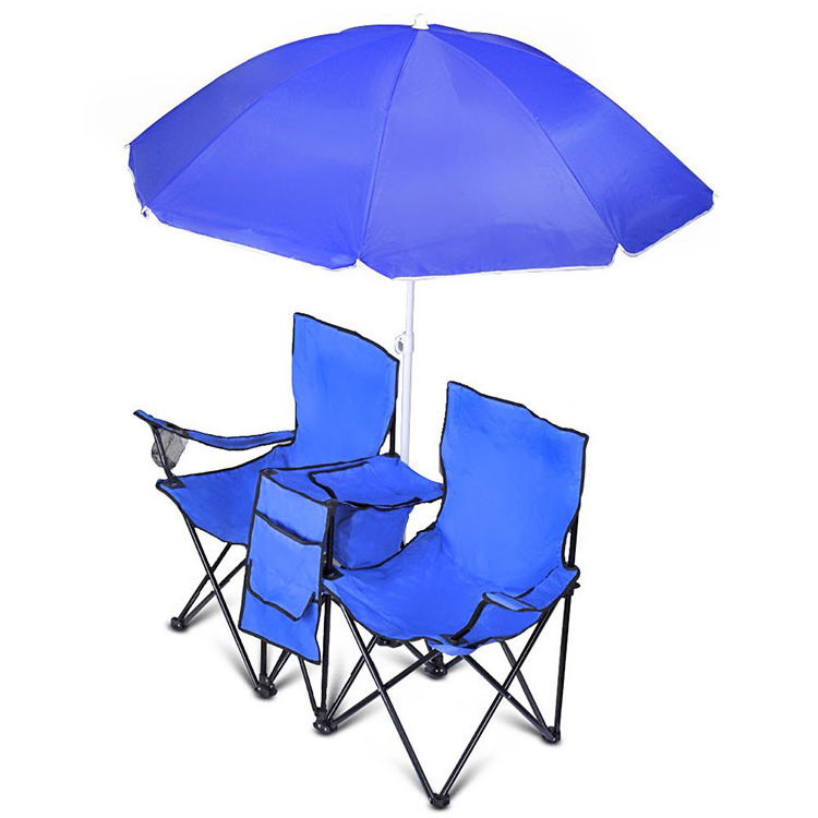 high quality metal european portable arm chairs outdoor beach double folding camp chair with umbrella canopy