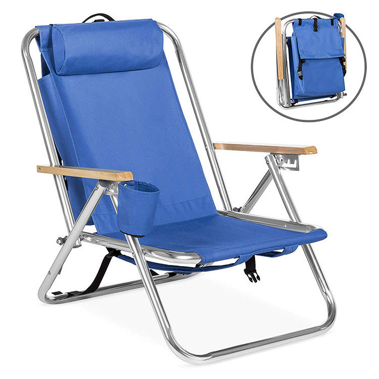 Outdoor Lay Flat Camping Portable Folding Aluminum Wooden arm Foldable Beach Chair