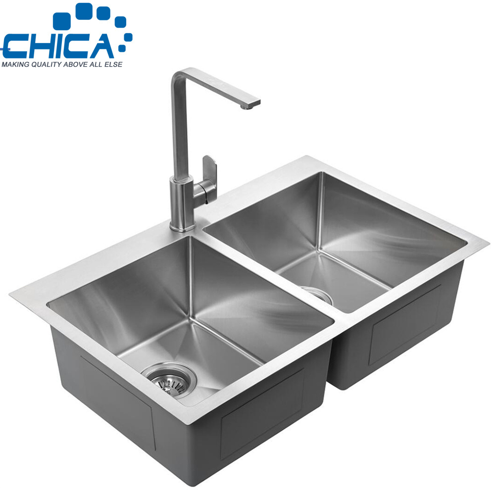 Unique Farmhouse Stainless Steel Slot Set Kitchen Countertop Handmade Sink With Double Tanks