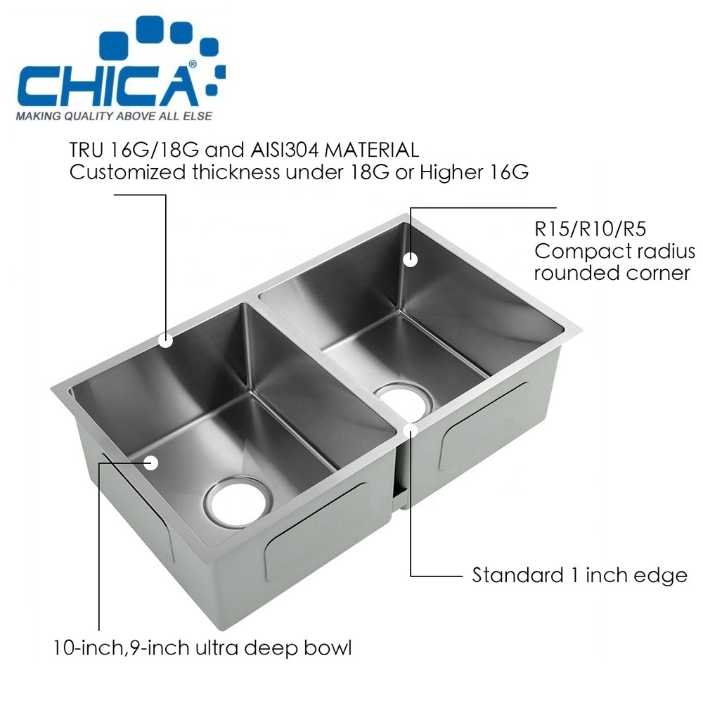 CH3219-10 32x19x10 inches 18 Gauge Stainless Steel Undermount 5050 Double Bowl Handmade Kitchen Sink for North America Market