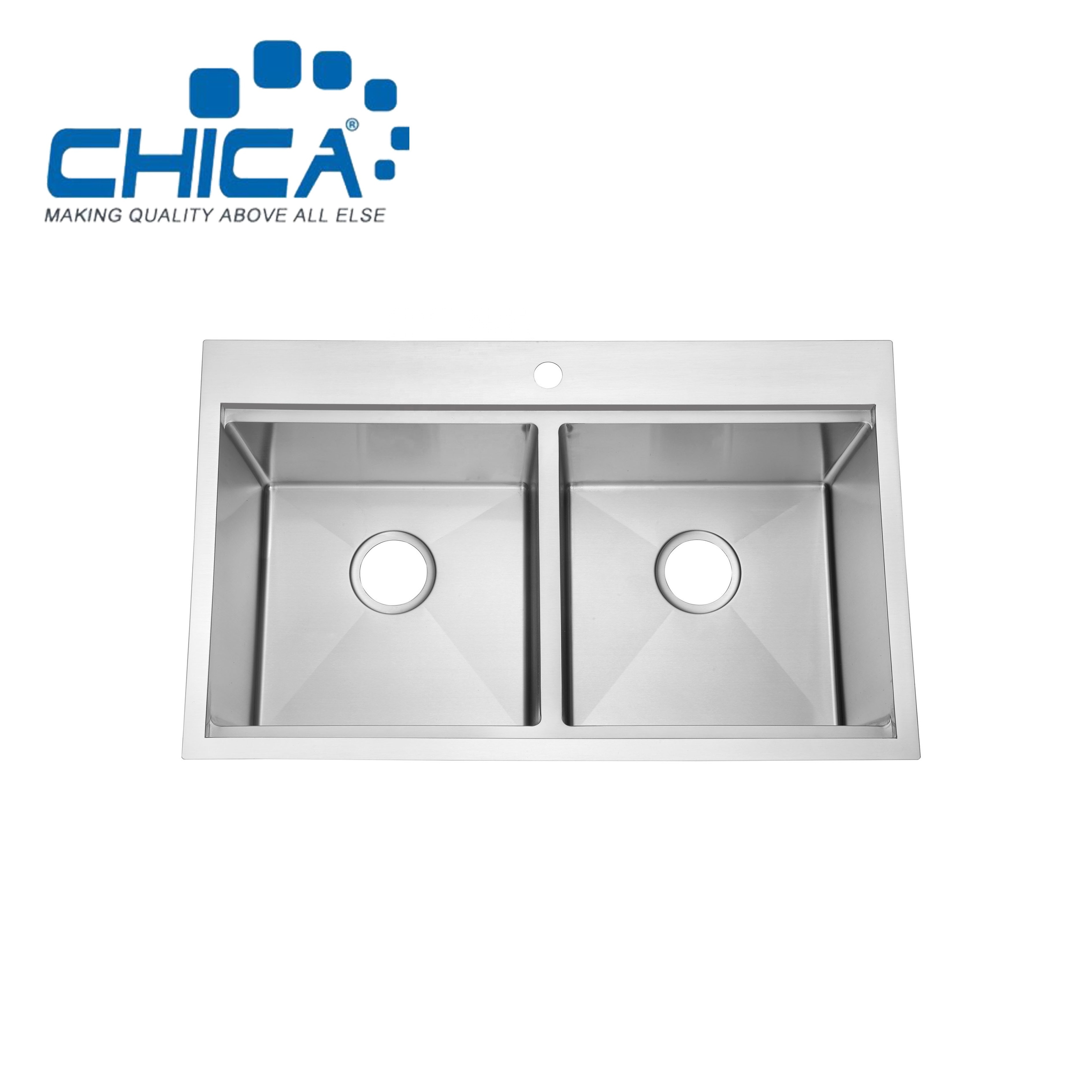 2024 Modern Handmade Stainless Steel Kitchen Sink Double Bowl Rectangular Workstation with Two Holes for Counter Installation