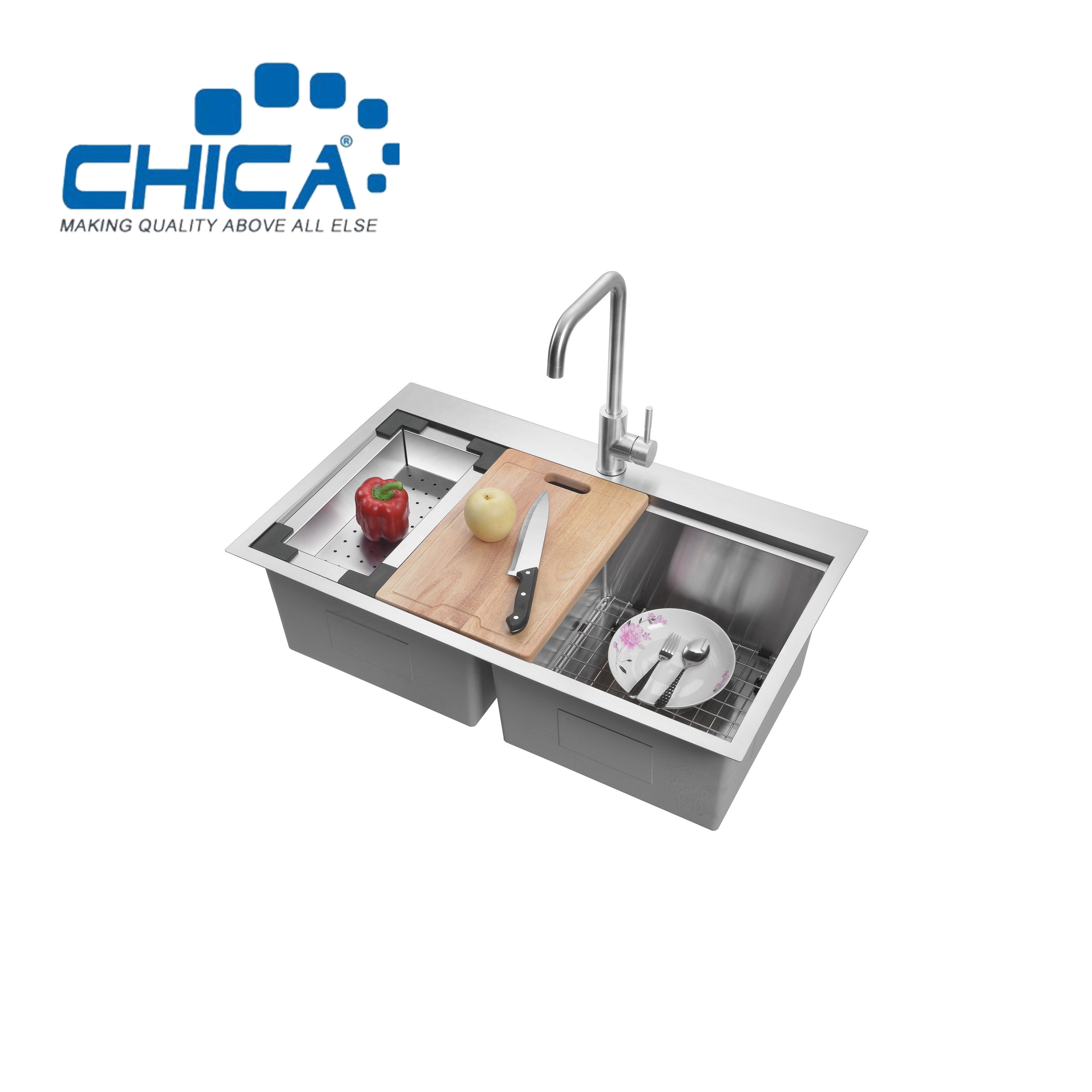 2024 Modern Handmade Stainless Steel Kitchen Sink Double Bowl Rectangular Workstation with Two Holes for Counter Installation