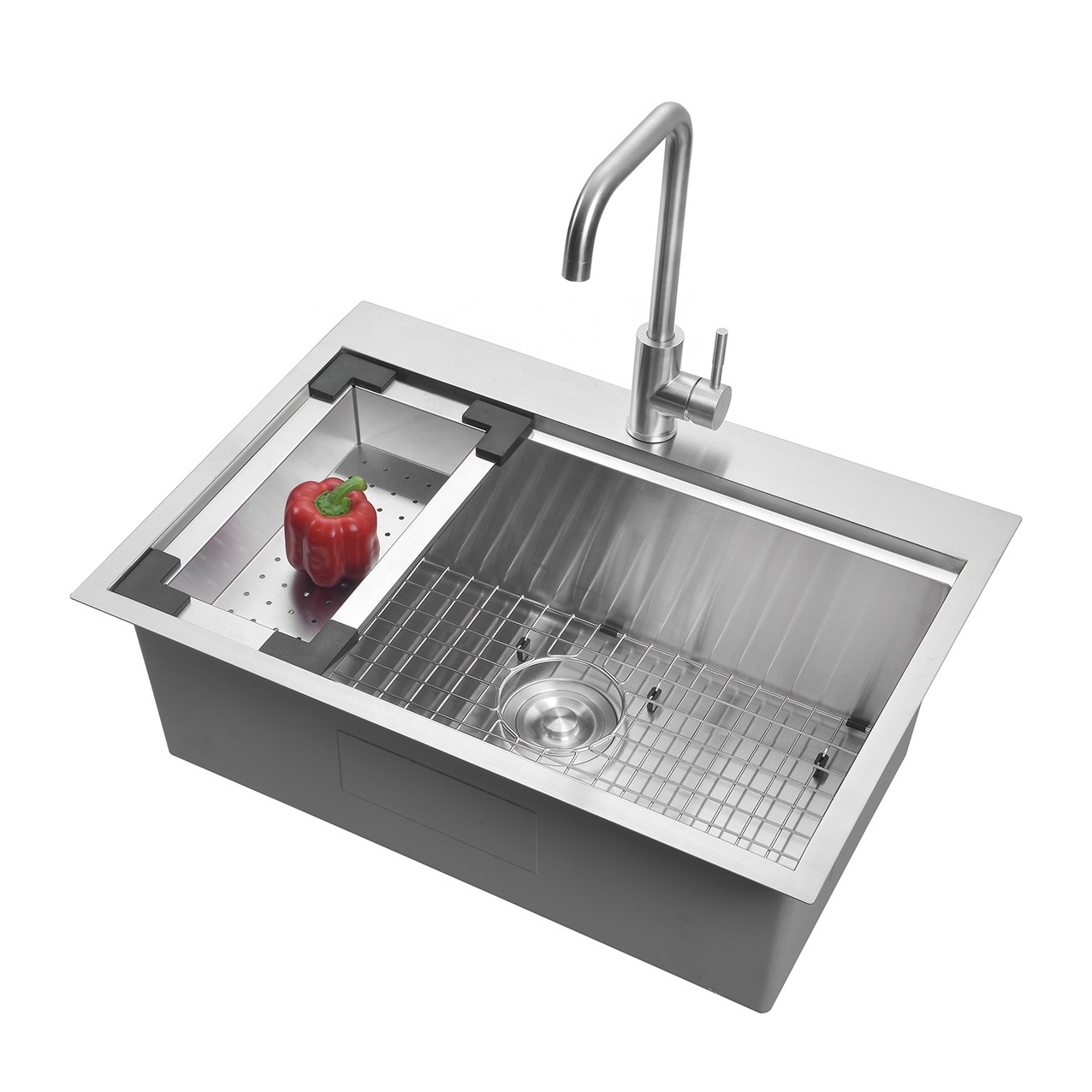 SUS304 Kitchen Single Bowl Sink with Grid and Faucet Hole Handmade Stainless Steel