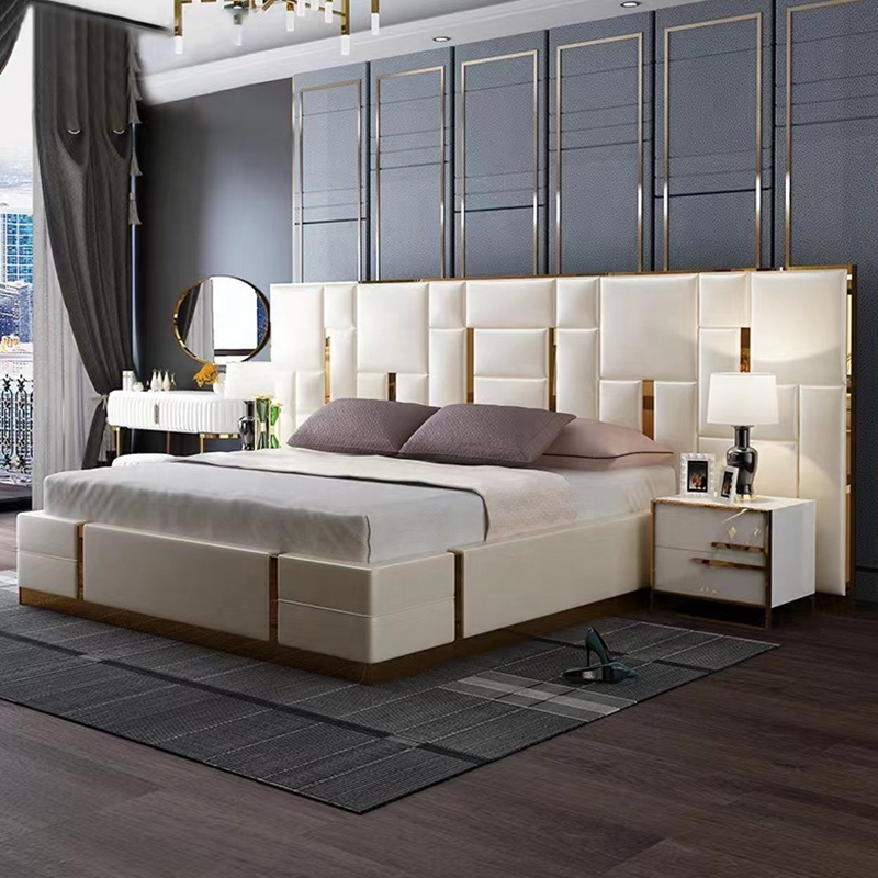 Bedroom Furniture Leather Bed Apartment Large Backboard Double King Bed