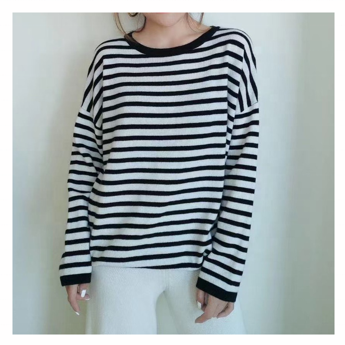 Chicashmere Ladies Women Black And White Stripe Pure Cashmere No Wool Blend Drop Shoulder Sweater Pullover Jumper Women