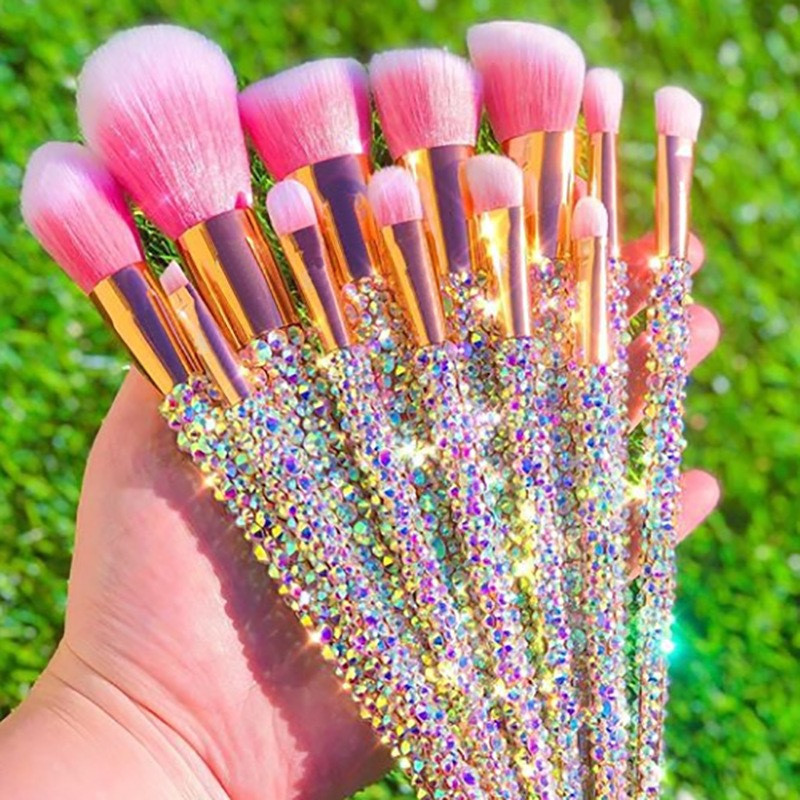 Luxury Rhinestones Makeup & Tools Crystal Diamond Bling Beauty Glitter Cosmetics Brush Set High Quality Handmade 12pcs 270g