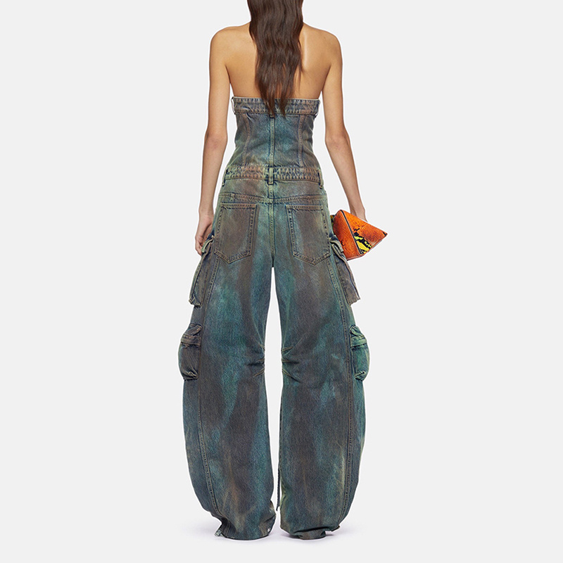 CHICEVER Denim Jumpsuits Camouflage Strapless Patchwork Multiple Pockets Women'S Jumpsuit