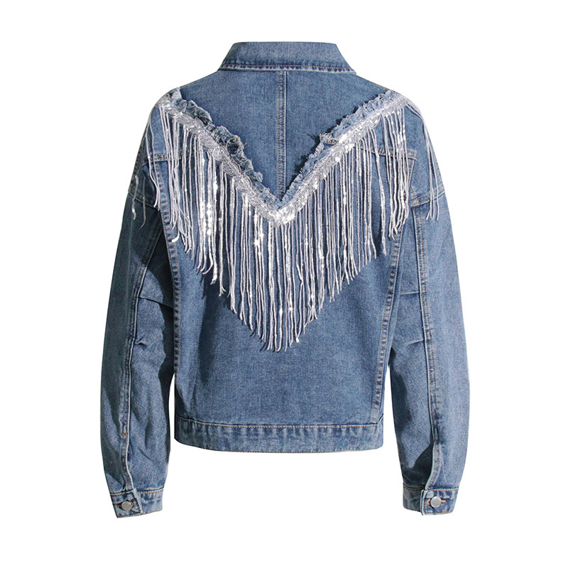 CHICEVER Spliced Lace Tassel Denim Jacket Frayed Trim Single Breasted Coat For Women