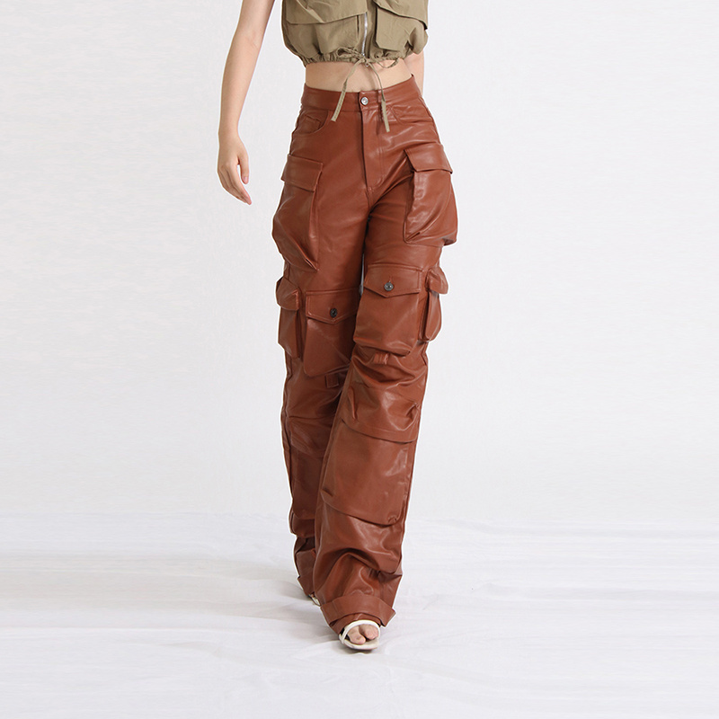 CHICEVER Fashion High Waist Solid Color Patchwork Pockets Leather Pants For Women