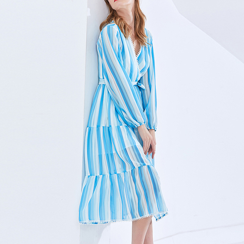 CHICEVER Fashion V Neck Long Sleeve Blue White Stripe Bow Gather Waist Long Dresses Women Dress 2023