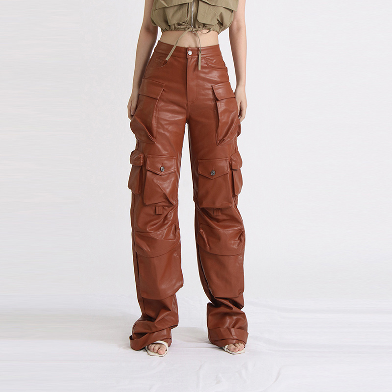 CHICEVER Fashion High Waist Solid Color Patchwork Pockets Leather Pants For Women