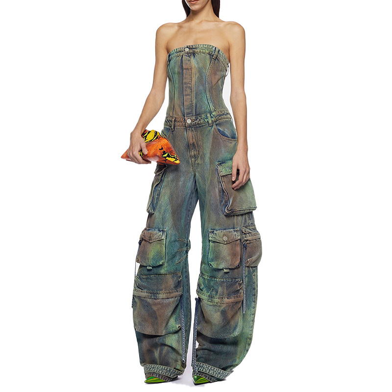 CHICEVER Denim Jumpsuits Camouflage Strapless Patchwork Multiple Pockets Women'S Jumpsuit