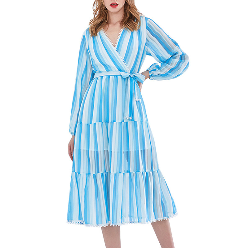 CHICEVER Fashion V Neck Long Sleeve Blue White Stripe Bow Gather Waist Long Dresses Women Dress 2023