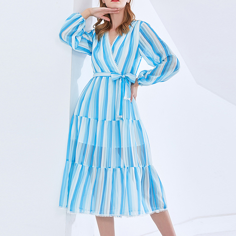 CHICEVER Fashion V Neck Long Sleeve Blue White Stripe Bow Gather Waist Long Dresses Women Dress 2023