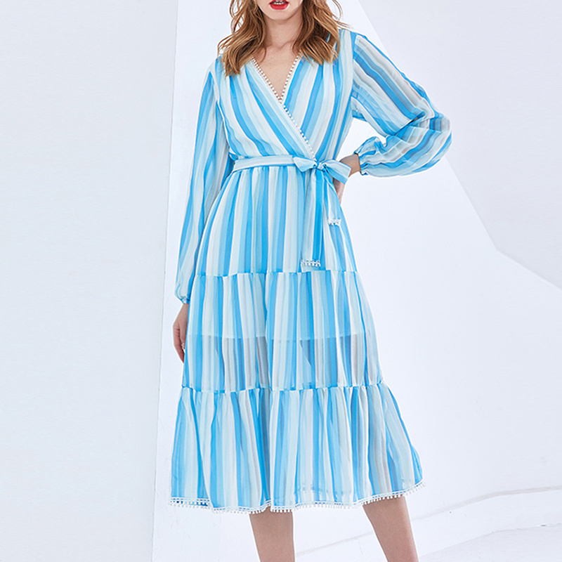 CHICEVER Fashion V Neck Long Sleeve Blue White Stripe Bow Gather Waist Long Dresses Women Dress 2023