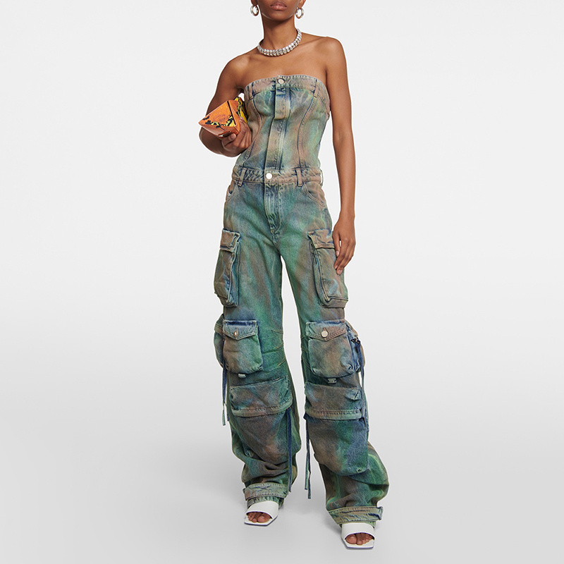 CHICEVER Denim Jumpsuits Camouflage Strapless Patchwork Multiple Pockets Women'S Jumpsuit