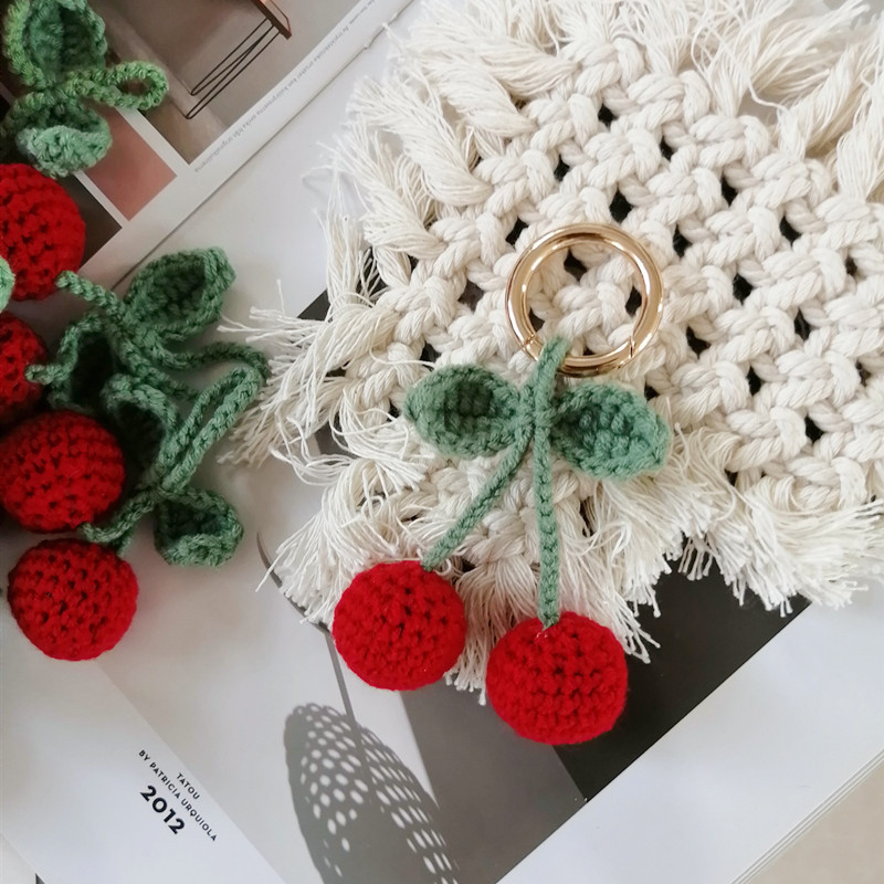 Custom Handmade Knit Fruit cherry key chains Car Hanging Ornaments Crochet Cherry Plush Keychain Bag charms Hanging Accessories