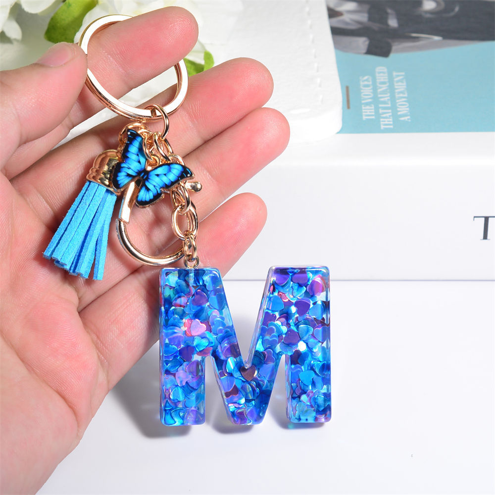 Fashion Heart Sequin Filled Resin Letter Keychain With Tassel Blue Butterfly Women Handbag Charms Initial Alphabet Keyrings