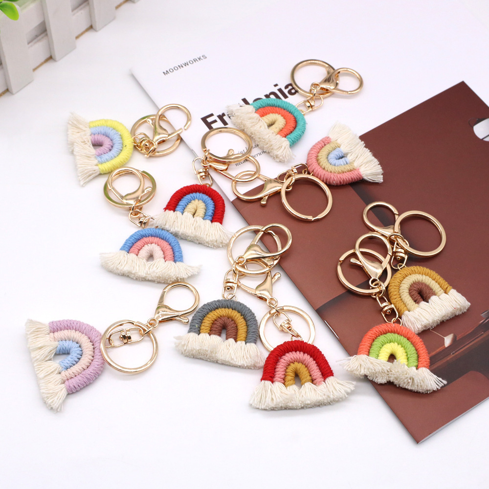 Boho Handmade Weaving Rainbow plush Key chain for Women key Holder macrame keyring rainbow keychain car Bag Charm girly keychain