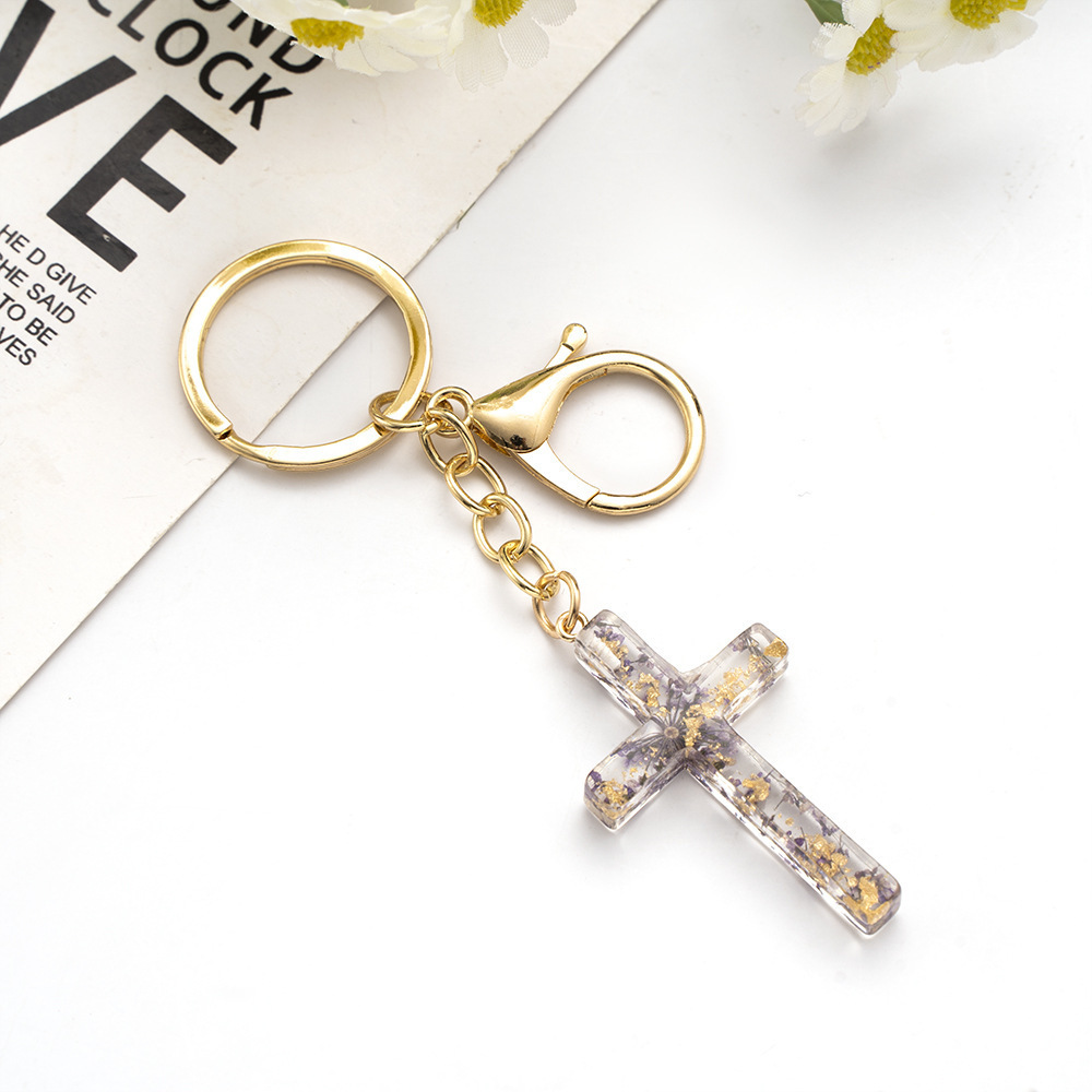 Dry Flower Filling Glitter Resin Jesus Christian Cross Keychain For Women Men Bag Car Pendant Key Chains Charms