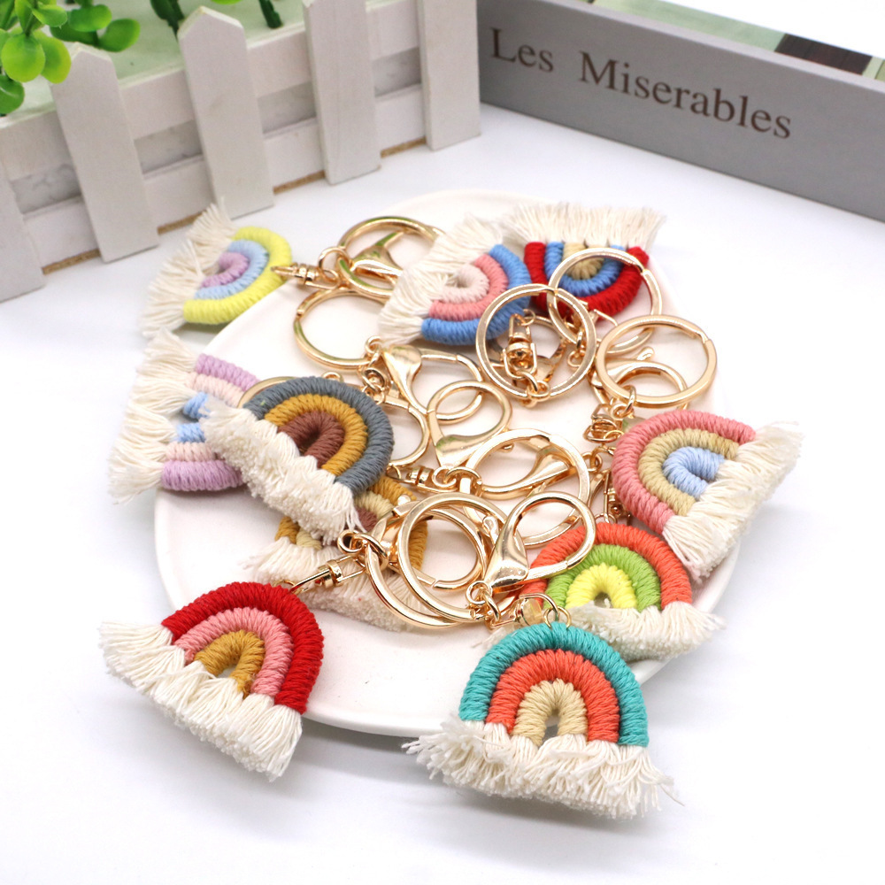 Boho Handmade Weaving Rainbow plush Key chain for Women key Holder macrame keyring rainbow keychain car Bag Charm girly keychain