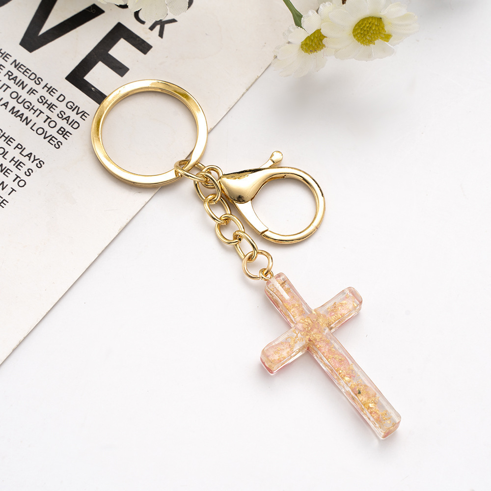 Dry Flower Filling Glitter Resin Jesus Christian Cross Keychain For Women Men Bag Car Pendant Key Chains Charms