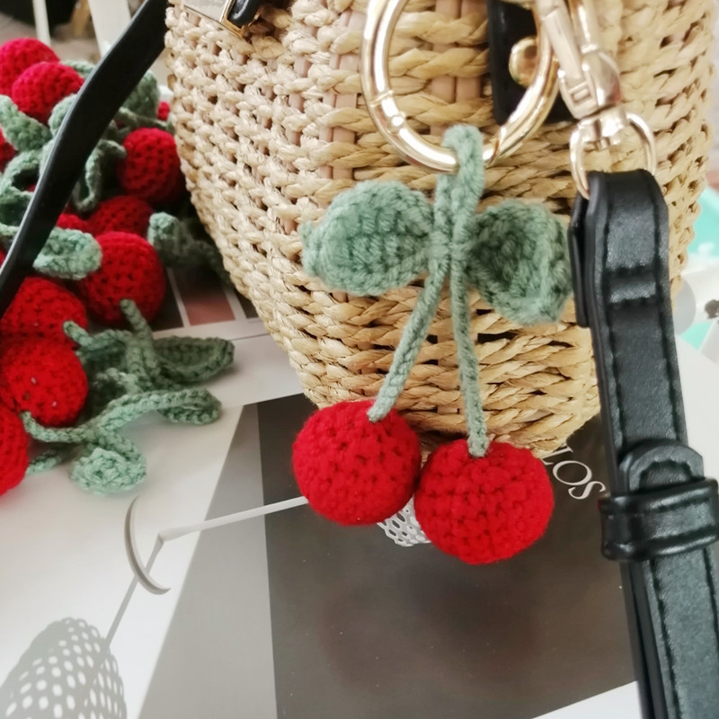 Custom Handmade Knit Fruit cherry key chains Car Hanging Ornaments Crochet Cherry Plush Keychain Bag charms Hanging Accessories