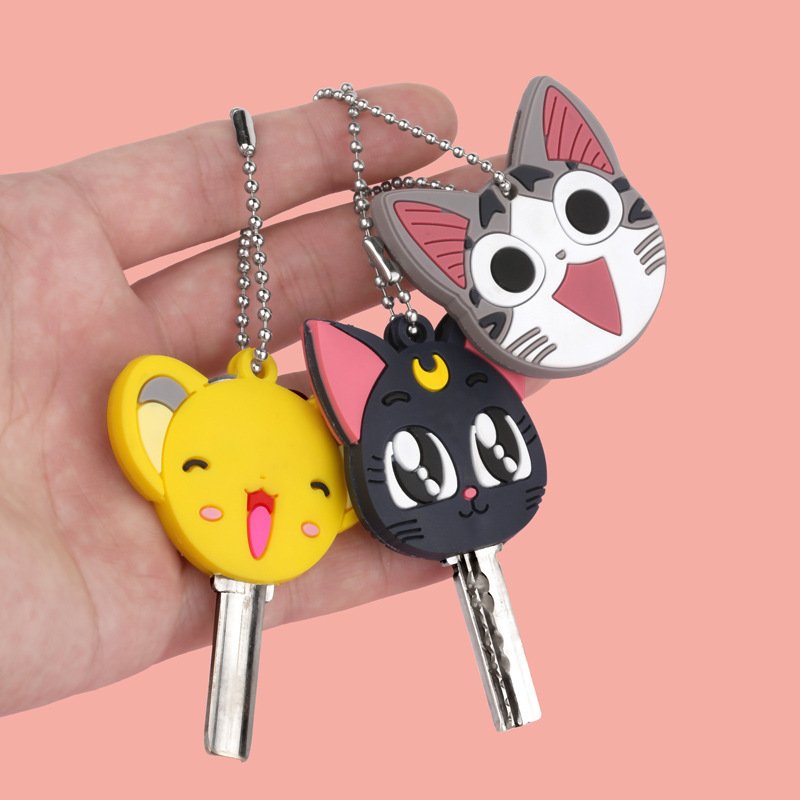 Cute Anime Sailor Moon Keychain Silicone Cat Dog Protective Key Case Cover for Key Control Dust Cap Holder Gift Women Key Chain