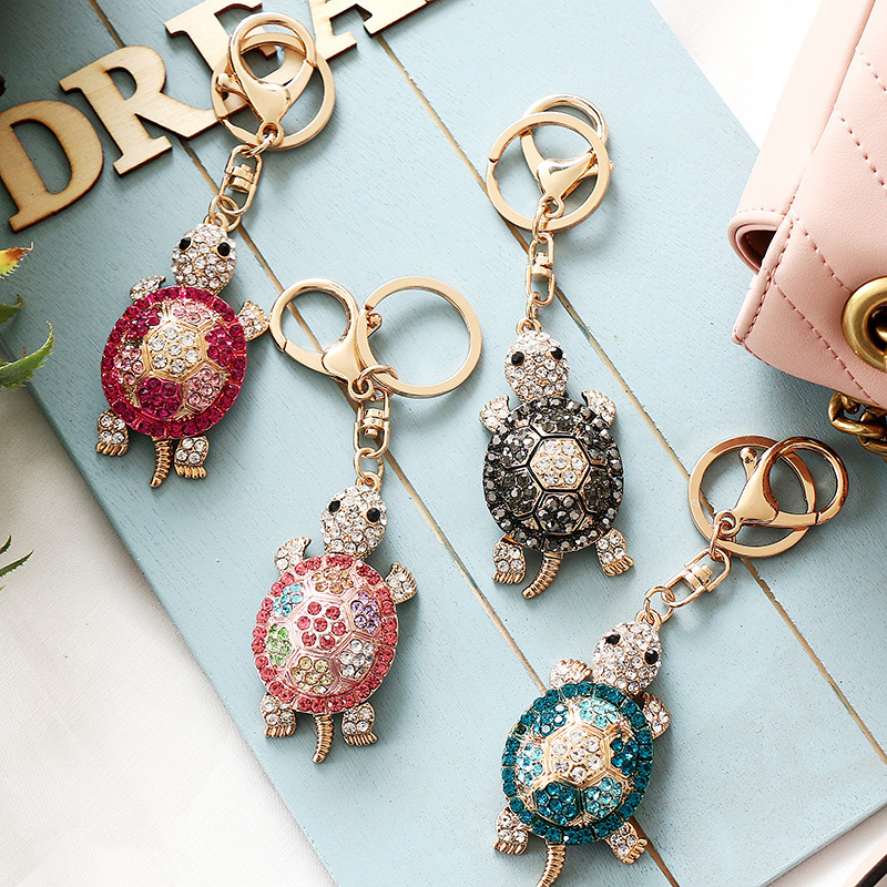 Cute bling rhinestone tortoise car key buckle sea turtle animal Metal key chain pendant female bag Accessories Metal KeyRing