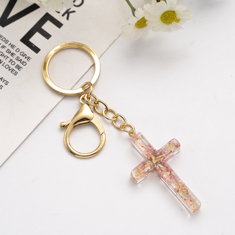 Dry Flower Filling Glitter Resin Jesus Christian Cross Keychain For Women Men Bag Car Pendant Key Chains Charms