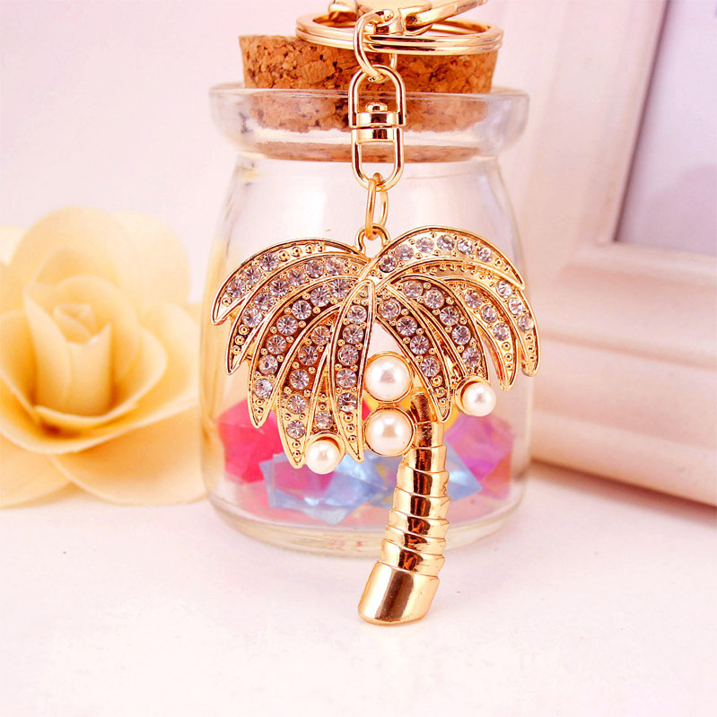 Bling Bling Crystal Rhinestone Keychain Pearls 3D Cubic Coconut Palm Tree Shaped Metal Key chains Purse Bag charm Decoration